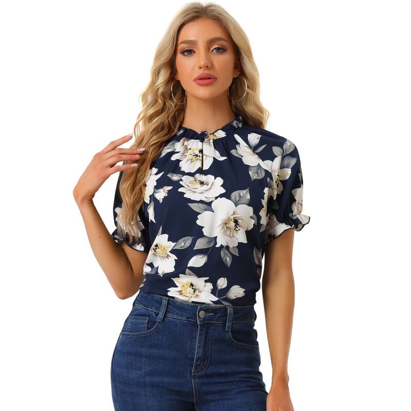 アレグラ ケー レディース トップス シャツ フラワー柄 フリル ブラウス フラワー ALLEGRA K Women's Floral Ruffled Short Sleeve Ruffle Neck Casual Blouses Dark Blue ブルー