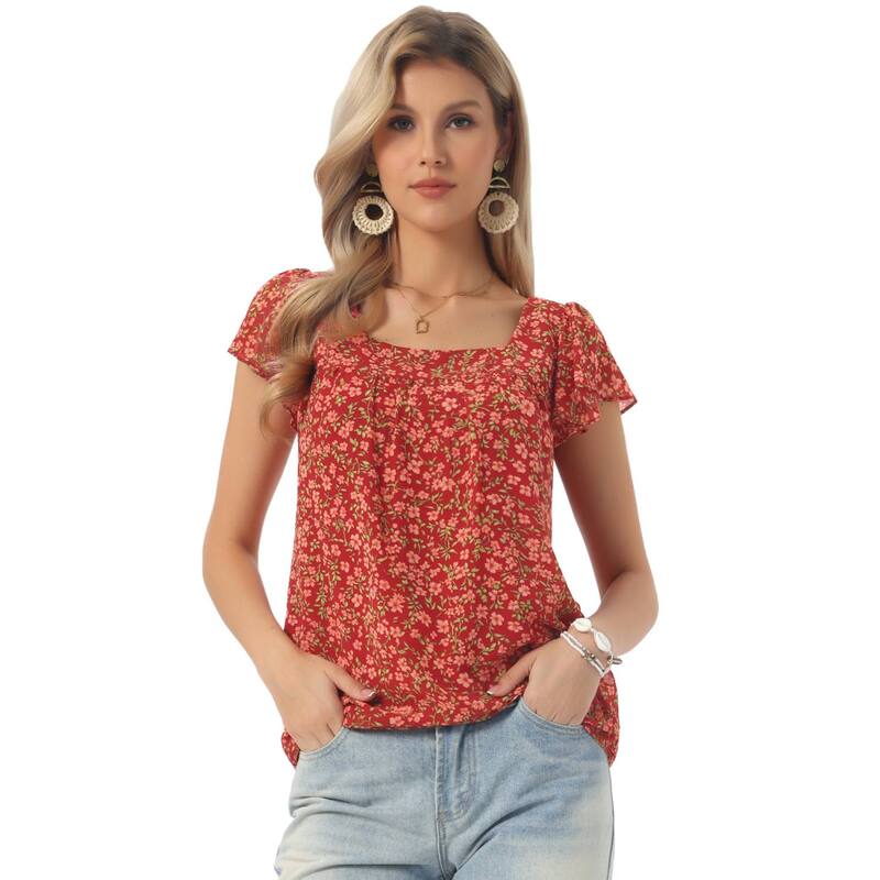 アレグラ ケー レディース トップス シャツ ヴィンテージ シフォン フラワー柄 プリント フリル ブラウス フラワー ALLEGRA K Women's Chiffon Ruffle Sleeve Vintage Layered Floral Print Blouse Top Red レッド