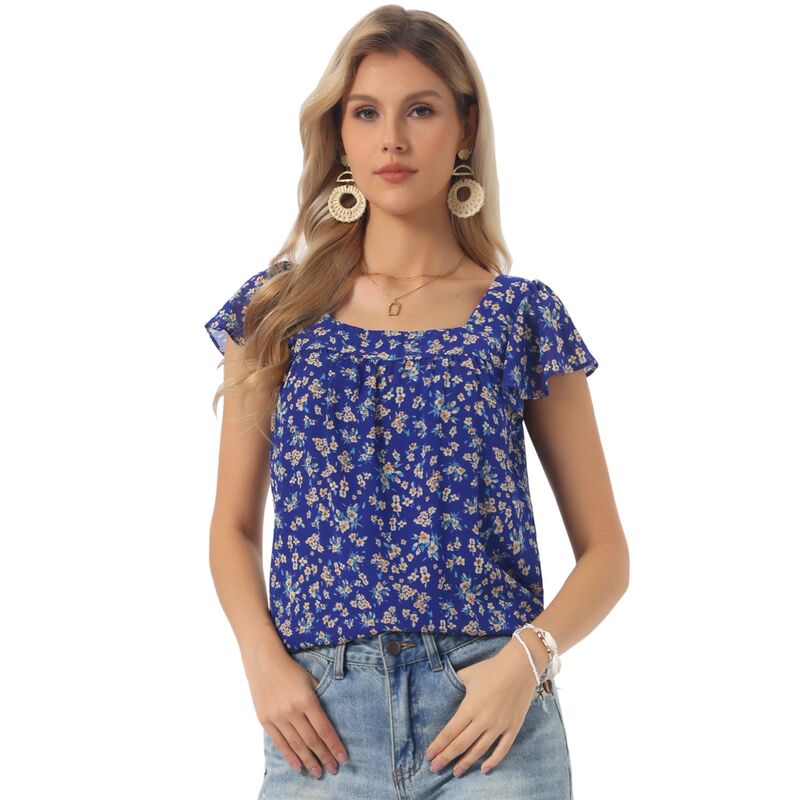 アレグラ ケー レディース トップス シャツ ヴィンテージ シフォン フラワー柄 プリント フリル ブラウス フラワー ALLEGRA K Women's Chiffon Ruffle Sleeve Vintage Layered Floral Print Blouse Top Royal Blue ブルー
