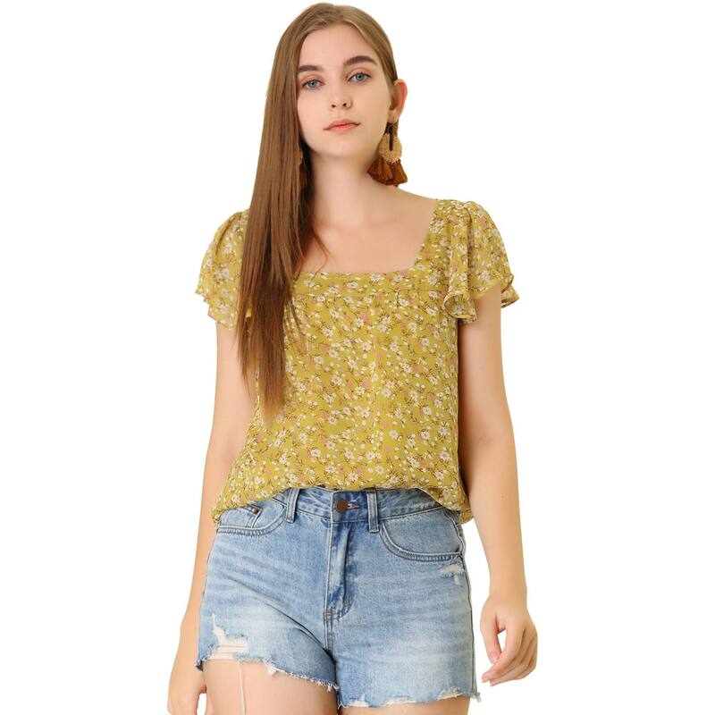 アレグラ ケー レディース トップス シャツ ヴィンテージ シフォン フラワー柄 プリント フリル ブラウス フラワー ALLEGRA K Women's Chiffon Ruffle Sleeve Vintage Layered Floral Print Blouse Top Yellow イエロー