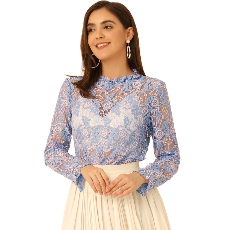 アレグラ ケー レディース トップス シャツ フラワー柄 フリル ブラウス レース フラワー ALLEGRA K Women's Crochet Lace See Through Floral Ruffle Neck Blouse Grey Blues グレー