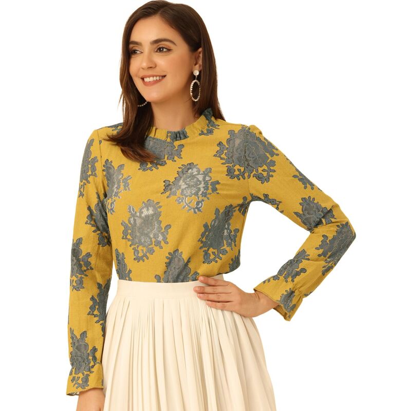 アレグラ ケー レディース トップス シャツ フラワー柄 フリル ブラウス レース フラワー ALLEGRA K Women's Crochet Lace See Through Floral Ruffle Neck Blouse Greyellow グレー
