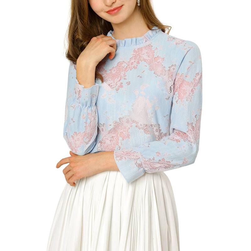 アレグラ ケー レディース トップス シャツ フラワー柄 フリル ブラウス レース フラワー ALLEGRA K Women Crochet Lace See Through Floral Ruffle Neck Blouse Pink Blue ブルー