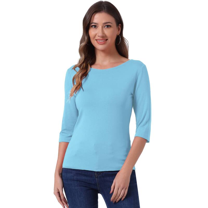 アレグラ ケー レディース トップス シャツ スリムフィット ALLEGRA K Women's Elbow Sleeves Boat Neck Slim Fit Classic Tee Sky Blue ブルー