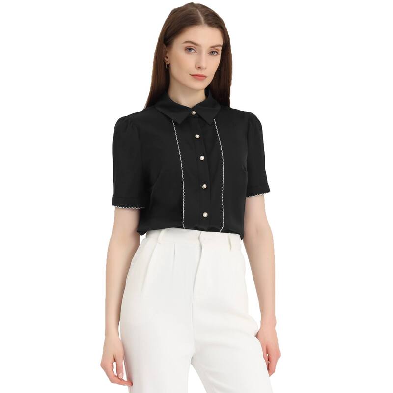 アレグラ ケー レディース トップス シャツ ボタンダウン コントラスト ダウン ブラウス ALLEGRA K Button Down Shirt For Women's Collared Contrastrim Short Sleeve Blouse Black ブラック 9,605円
