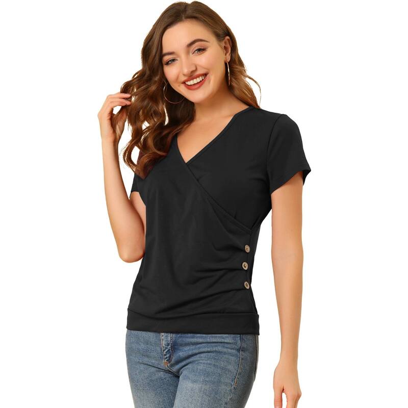 アレグラ ケー レディース トップス シャツ Vネック ギャザー ALLEGRA K Women's Wrap V Neck Short Sleeve Button Decoruched Top Black ブラック｜ReVida 店