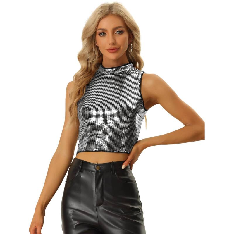 アレグラ ケー レディース トップス Tシャツ トール スパンコール ノースリーブ ALLEGRA K Sequin Top for Women'sleeveless Party Metallic Sparkly Tops Dark Silver シルバー