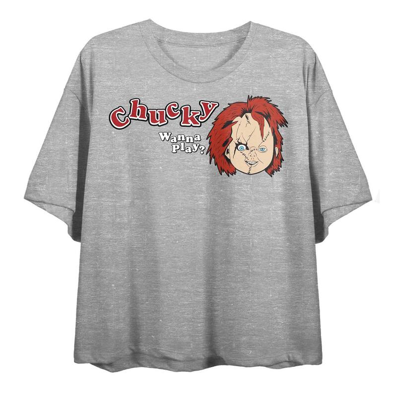 アニメキャラクター レディース トップス Tシャツ クロップド グラフィック Licensed Character Juniors' Chucky Wanna Play Cropped Graphic Tee Gray グレー