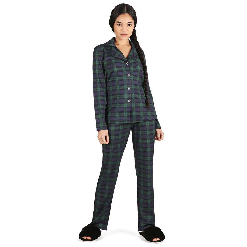 メモイ レディース アンダーウェア ナイトウェア コットン MeMoi Women's Plaid Notch Collar Cotton Blend Pajama Set Navy ネイビー