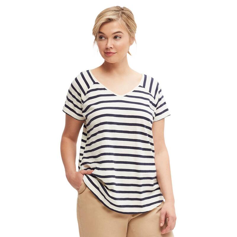 Ellos レディース トップス Tシャツ Vネック プラスサイズ ellos Plusize Rounded V-Neck Tee Ivory Navy Stripe アイボリー｜ReVida 店