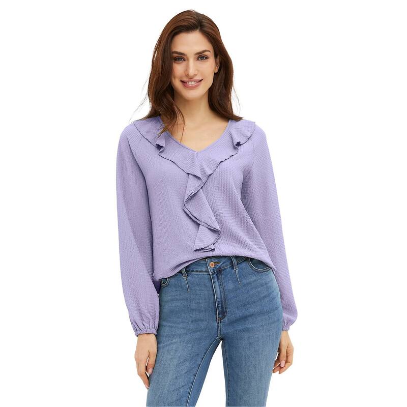Ellos レディース トップス Tシャツ Vネック プラスサイズ フリル ニット ellos Plusize Stretch Textured Knit V-Neck Ruffle Frontop Lavender ラベンダー