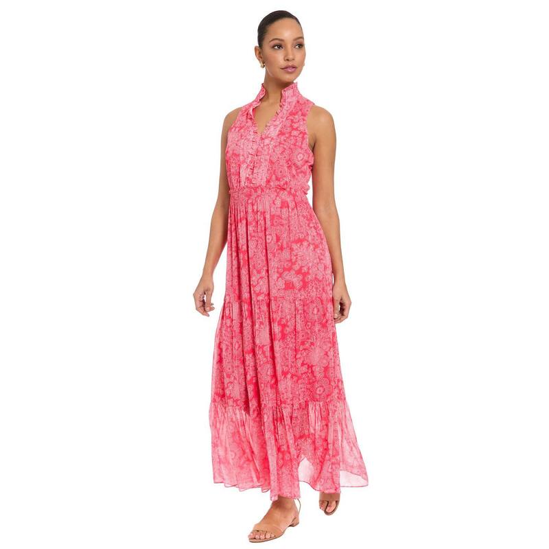ロンドンタイムス レディース トップス ワンピース ティアード フリル ノースリーブ シャーリング マキシ Women's London Times Ruffle Neck Smocked Waist Sleeveless Tiered Maxi Dress Red White ホワイト