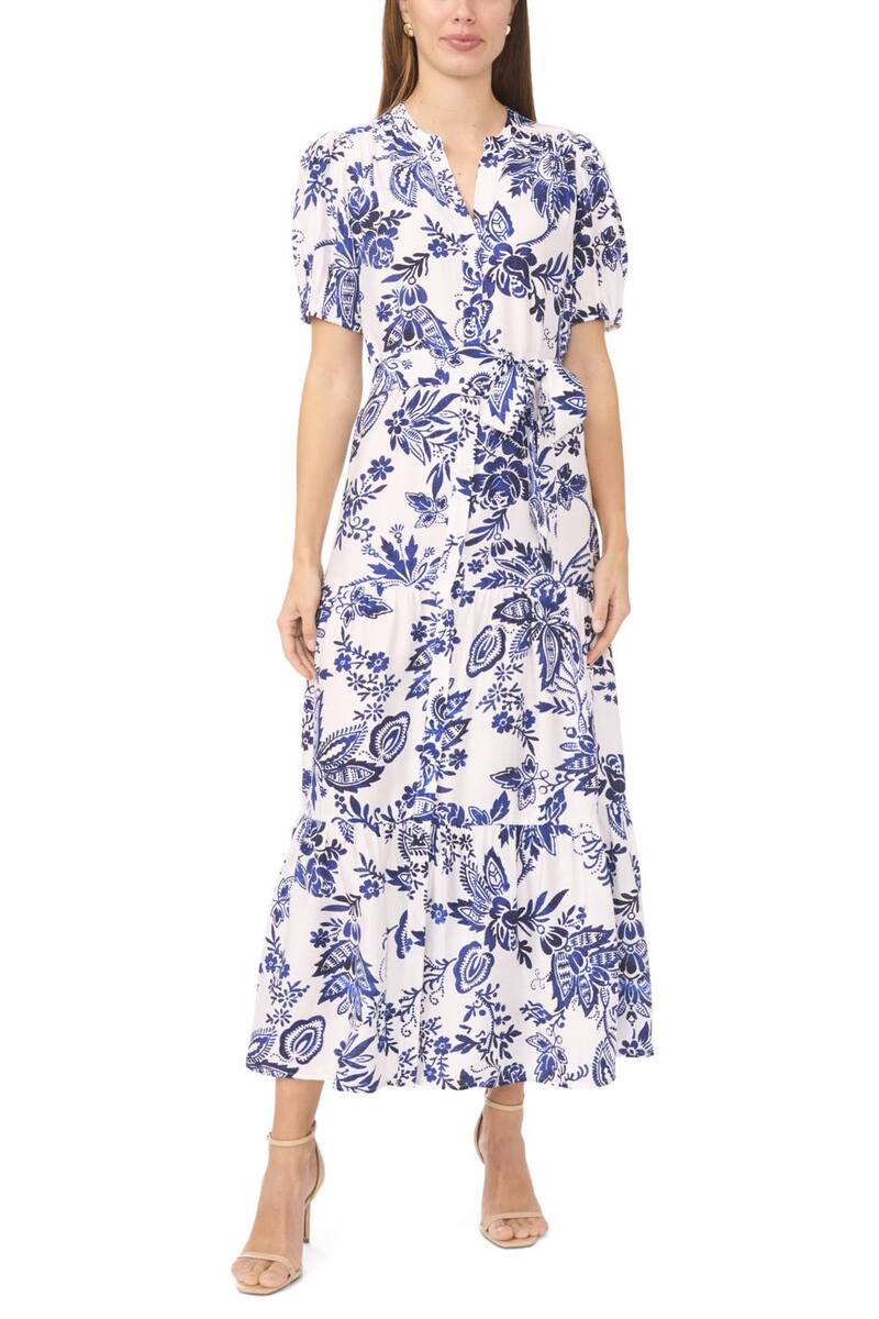 ミスク レディース トップス ワンピース ティアード ボタンダウン マキシ Women's MSK Short Sleeve Button Down Tiered Maxi Dress Jbs Navy ネイビー|ReVida 店