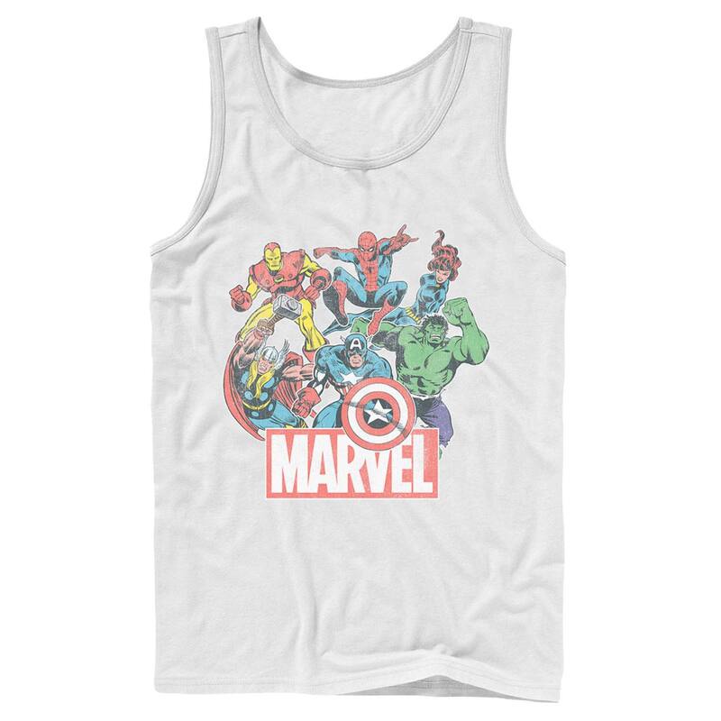 アニメキャラクター レディース トップス Tシャツ ヴィンテージ Licensed Character Men's Marvel Avengers Team Retro Comic Vintage Tank Top White ホワイト