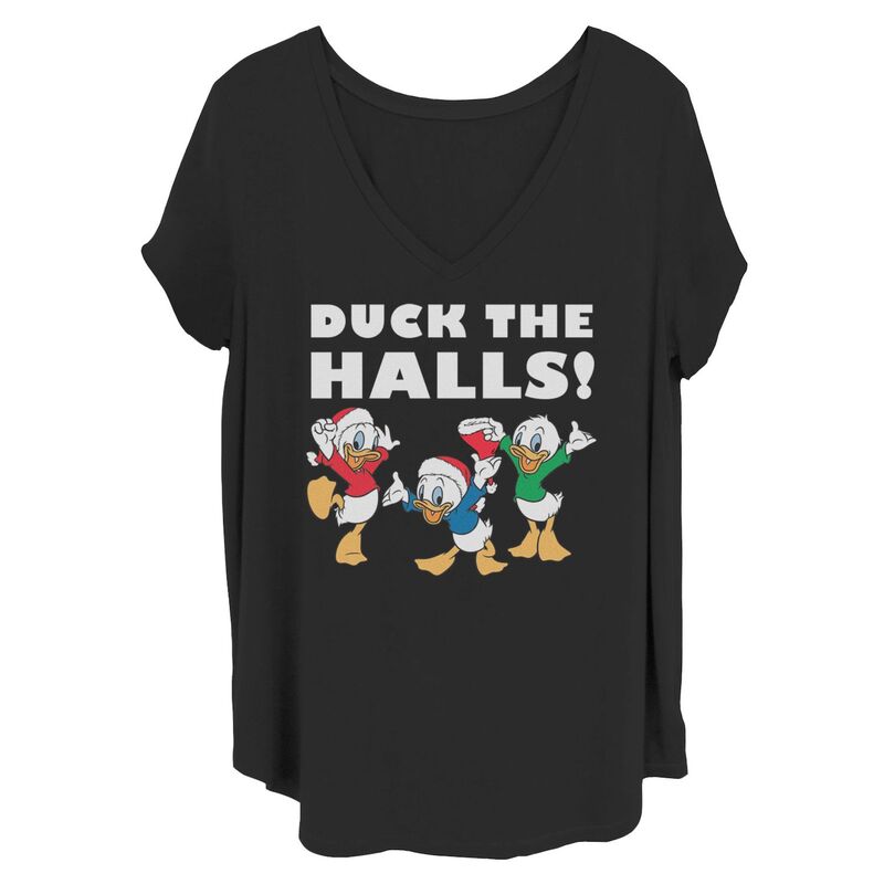 ディズニー レディース トップス Tシャツ プラスサイズ Disney's Huey Dewey And Louie Juniors' Plus Duck The Halls Christmas Tee Black ブラック｜ReVida 店
