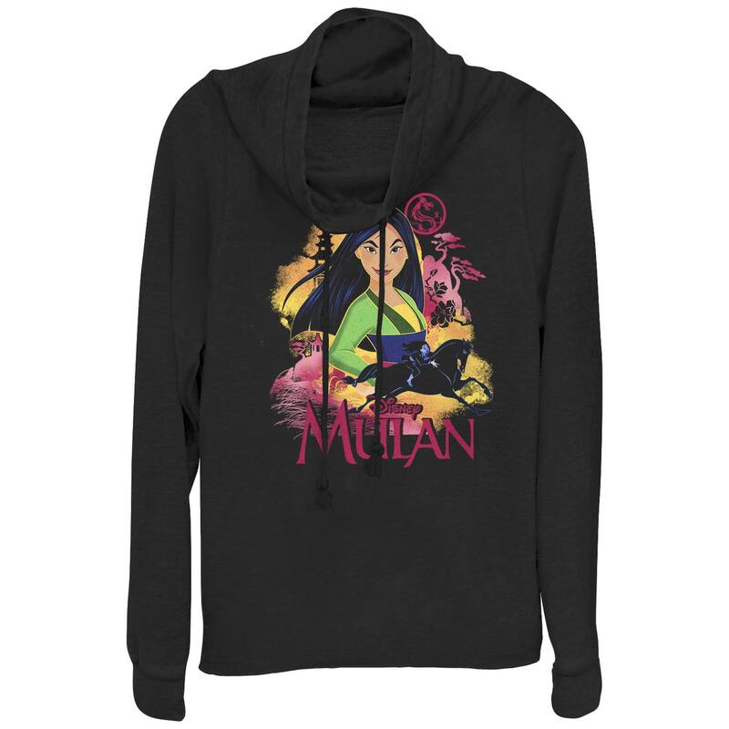 ディズニー レディース トップス Tシャツ キャップ ケープ グラフィック Disney's Mulan Juniors' Landscape Cowlneck Graphic Lightweight Long Sleeve Black ブラック｜ReVida 店