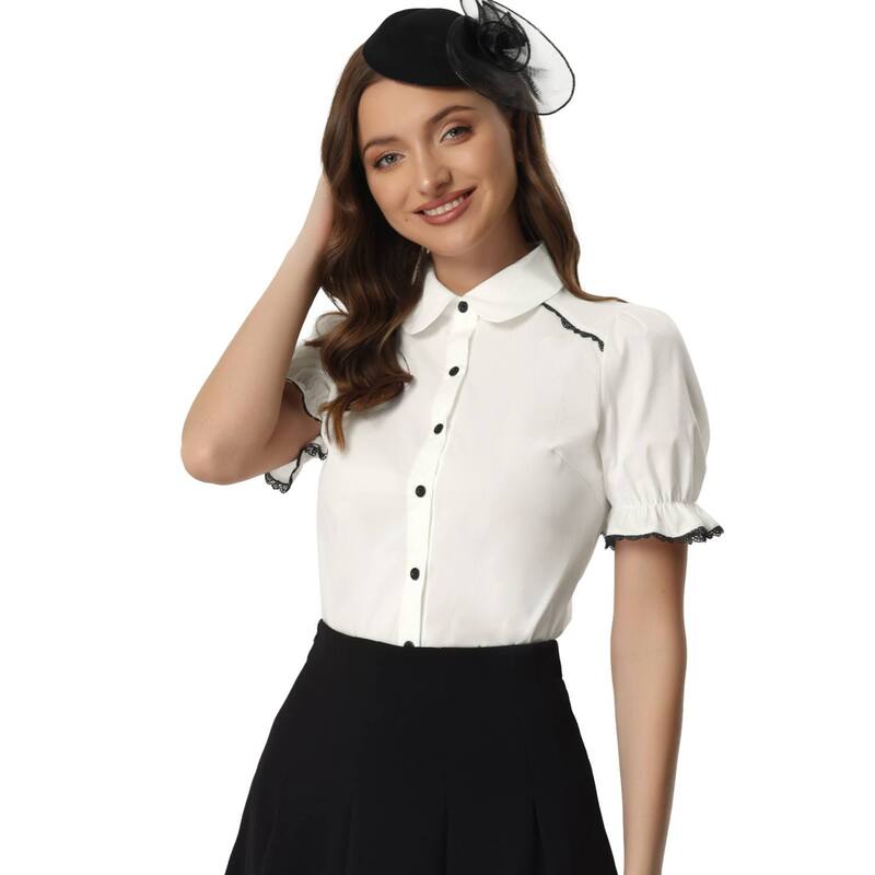 アレグラ ケー レディース トップス シャツ ボタンダウン コントラスト ダウン ブラウス ALLEGRA K Women's Peter Pan Collar Blouse Contrastrim Short Sleeve Button Down Shirt White ホワイト