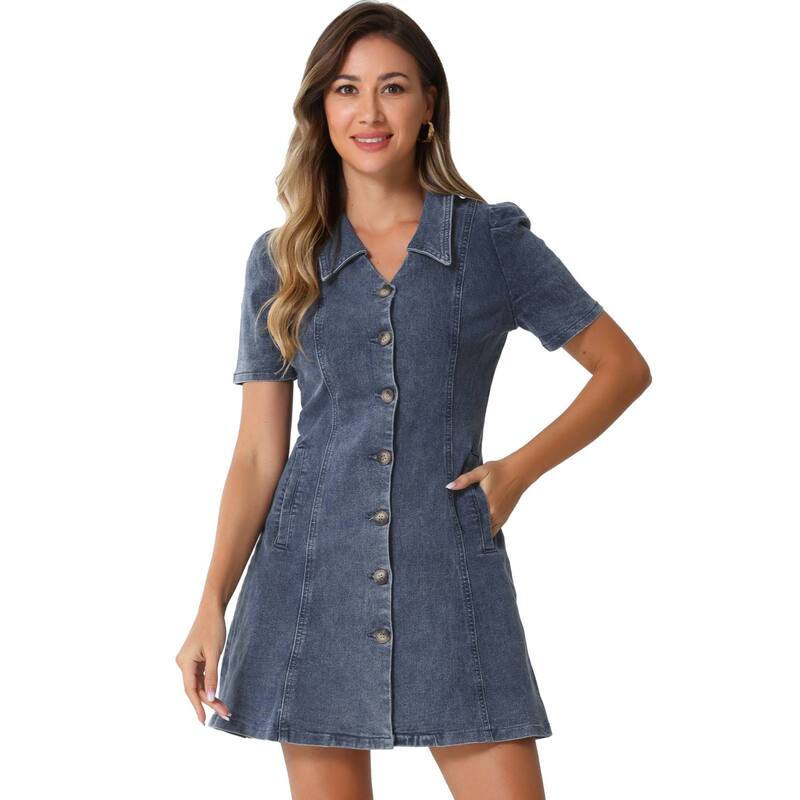 アレグラ ケー レディース トップス ワンピース ダウン デニム ALLEGRA K Women'solid Color Turn Down Collar Fit & Flare Denim Dress Blue Gray グレー