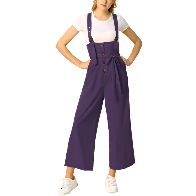 アレグラ ケー レディース ボトムス カジュアルパンツ ハイウエスト オーバーオール ジャンプスーツ ALLEGRA K Women's Button Front High Waist Belted Straight Fit Overall Jumpsuit Dark Purple パープル｜ReVida 店