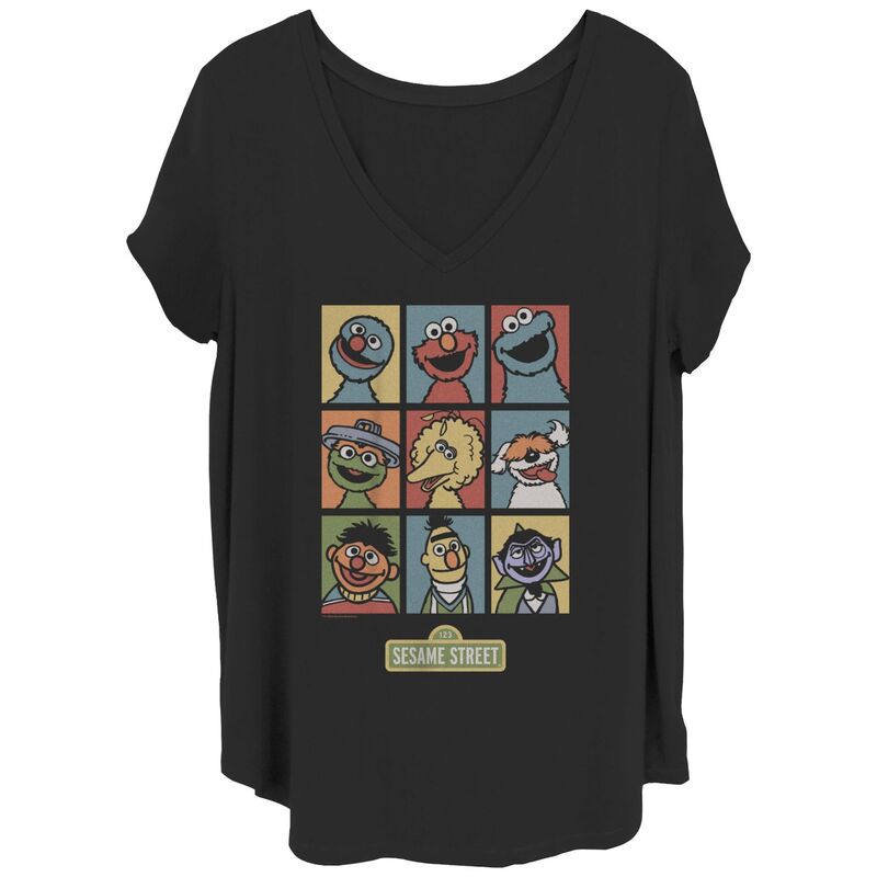 アニメキャラクター レディース トップス Tシャツ Vネック プラスサイズ グラフィック Licensed Character Juniors' Plusize Sesame Street Puppets Grid Poster V-Neck Graphic Tee Black ブラック