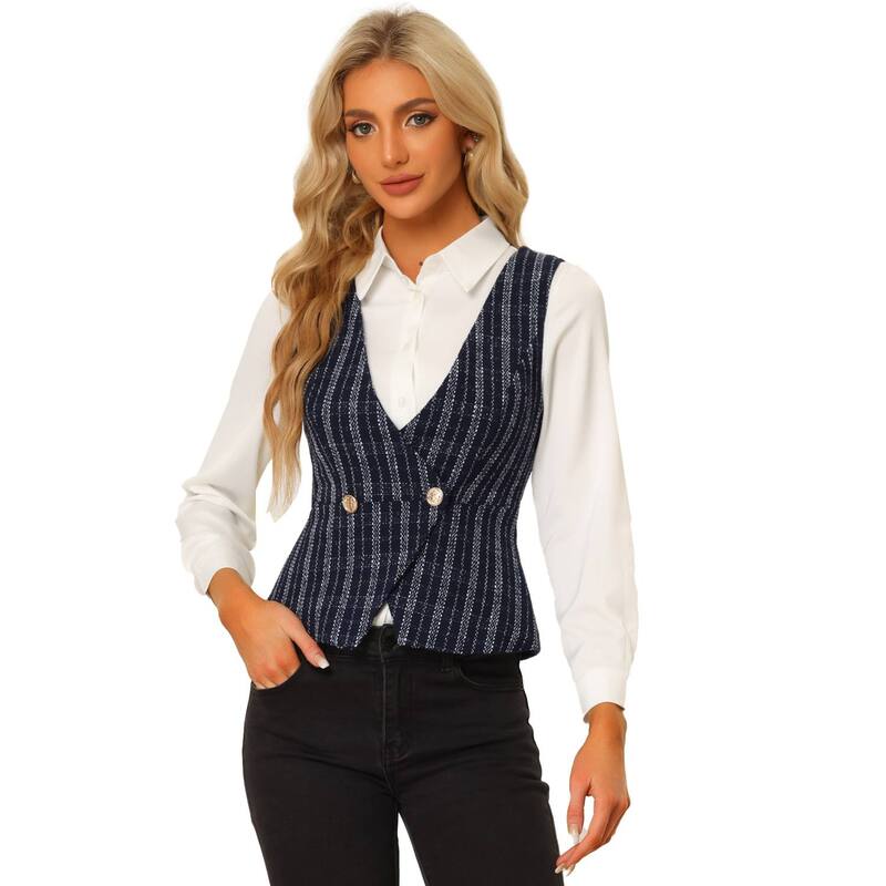 アレグラ ケー レディース アウター ジャケット・ブルゾン ベスト ツイード ノースリーブ コート ALLEGRA K Women's Plaidouble Breasted Sleeveless Tweed Vest Waistcoat Dark Blue ブルー
