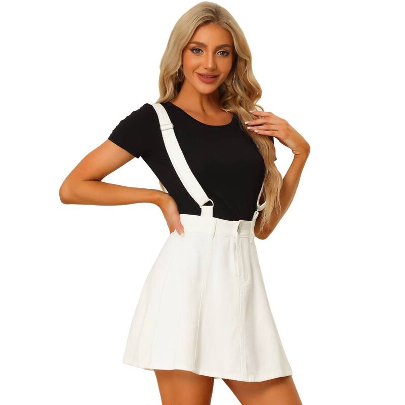 アレグラ ケー レディース ボトムスカート A ライン ミニ コットン ALLEGRA K Women's Washed Cotton Button Front A Line Casual Mini Suspender Skirt White ホワイト