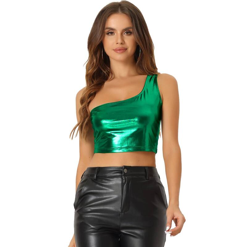 アレグラ ケー レディース トップス Tシャツ トール クロップド ブラウス ALLEGRA K Women's Metallicropped Top One Shoulder Party Blouse Green グリーン