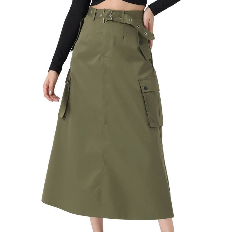 アレグラ ケー レディース ボトムスカート ミディ ALLEGRA K Midi Cargo Skirt Woman's Trendy2K Skirts Zip High Waisted Straight Long Skirt with Pockets Army Green グリーン