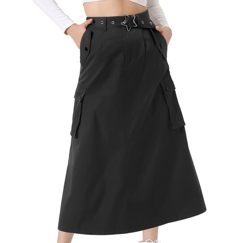アレグラ ケー レディース ボトムスカート ミディ ALLEGRA K Midi Cargo Skirt Woman's Trendy2K Skirts Zip High Waisted Straight Long Skirt with Pockets Black ブラック