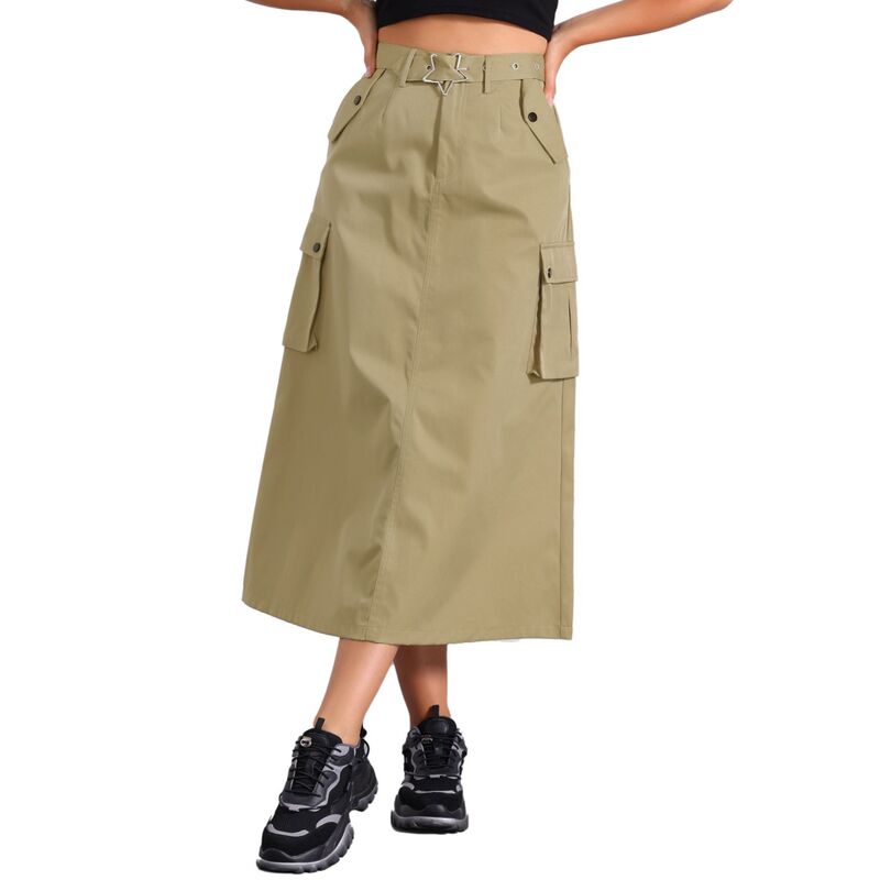 アレグラ ケー レディース ボトムスカート ミディ ALLEGRA K Midi Cargo Skirt Woman's Trendy2K Skirts Zip High Waisted Straight Long Skirt with Pockets Khaki カーキ