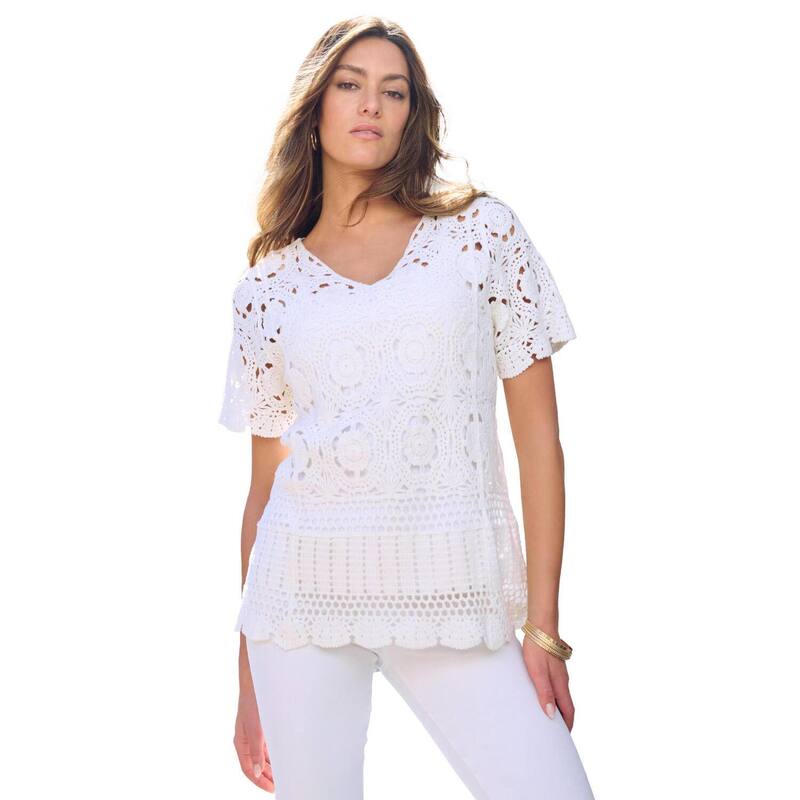 ロアマンズ レディース アウター ニット・セーター プラスサイズ Roaman's Women's Plusize Medallion Pattern French Crochet Sweater Top White ホワイト