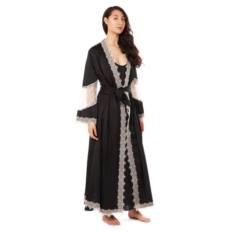 メモイ レディース アンダーウェア ナイトウェア レース MeMoi Women's Lace Trimmed Robe Black ブラック