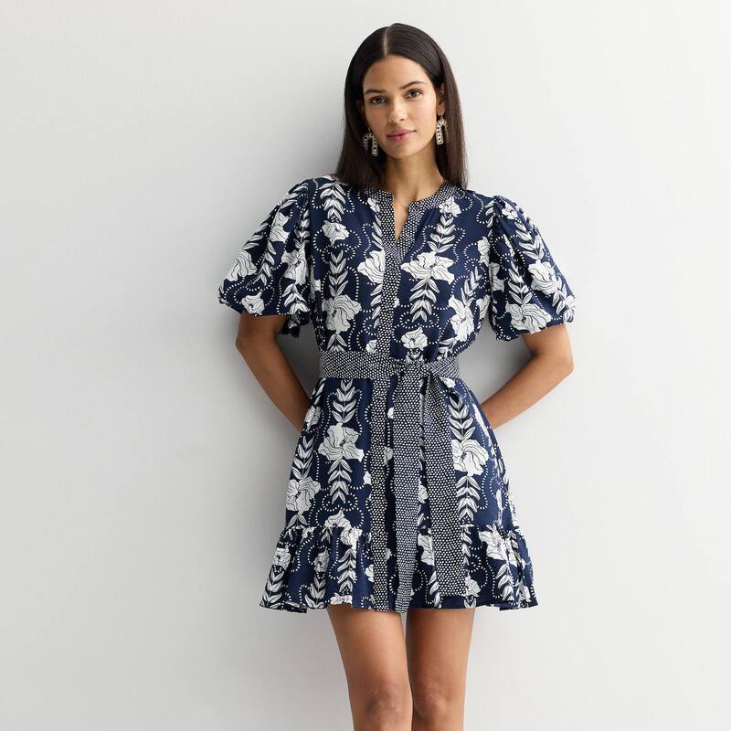 ナインウェスト レディース トップス 衣装 プチ Petite Nine West Button Front Fit \u0026 Flare Dress Navy Talia Floral 米国海軍