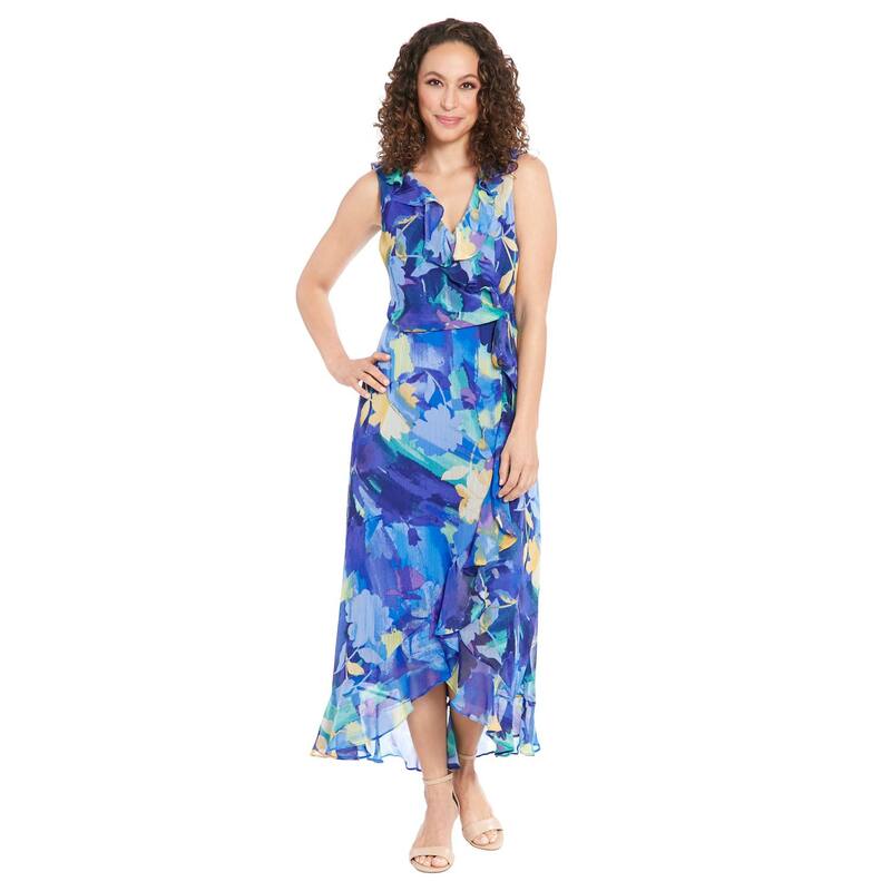 ロンドンタイムス レディース トップス ワンピース フラワー柄 プチ フリル フラワー Petite London Times V-line Ruffle Floral Wrap Dress Blue ブルー
