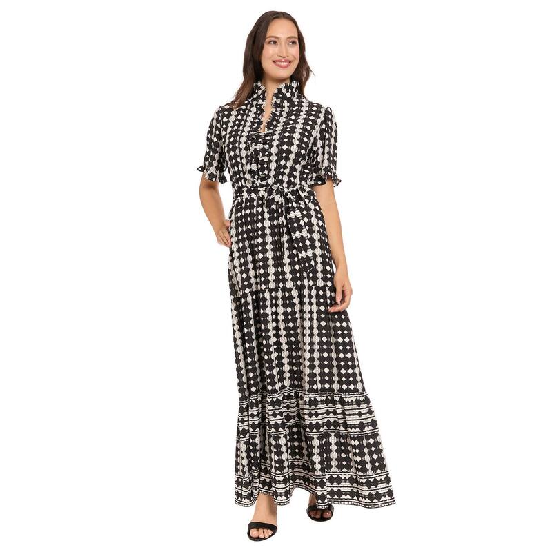 ロンドンタイムス レディース トップス ワンピース ティアード フリル マキシ Women's London Times Ruffle Neck Elbow Sleeve Tiered Maxi Dress With Self Belt Blk White ホワイト