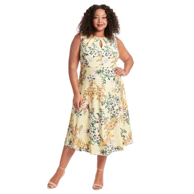 ロンドンタイムス レディース トップス ワンピース フラワー柄 プラスサイズ ミディ フラワー Plusize London Times Yellow Floral Keyhole Midi Dress Yellow イエロー