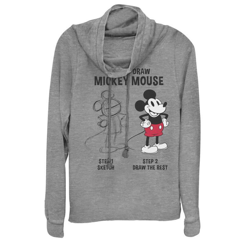 ディズニー レディース トップス Tシャツ グラフィック Disney's Mickey Mouse Juniors' How to Draw Cowlneck Graphic Lightweight Long Sleeve Gray Heather グレー｜ReVida 店