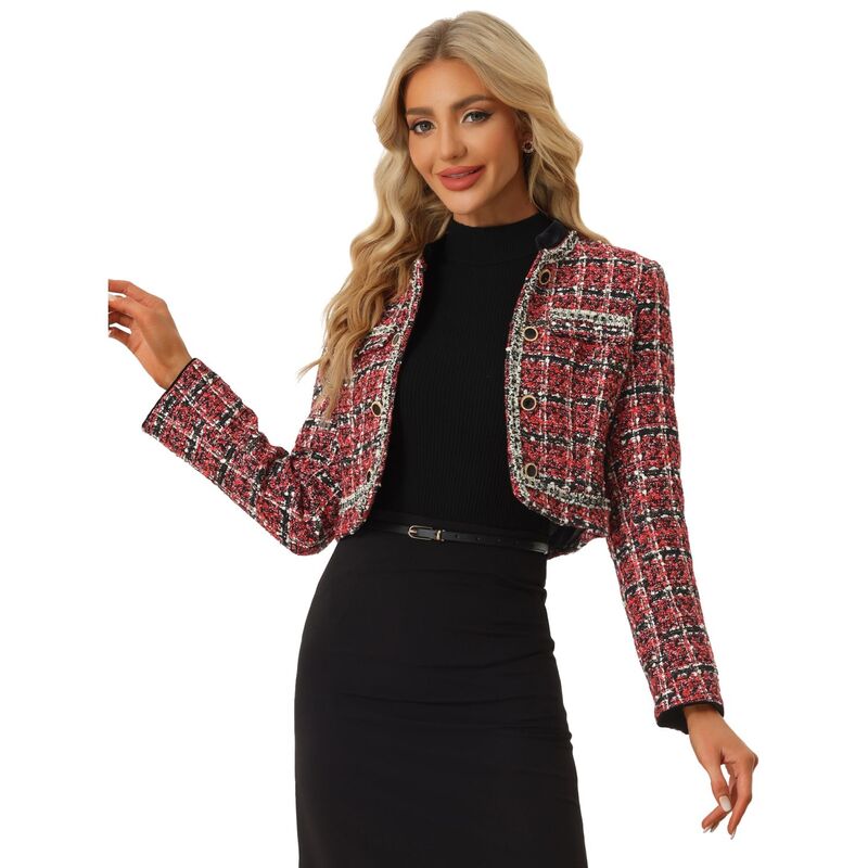 アレグラ ケー レディース アウター ジャケット・ブルゾン ツイード クロップド ブレザー ALLEGRA K Tweed Cropped Jacket For Women'stand Collar Double Breasted Officelegant Plaid Blazered レッド