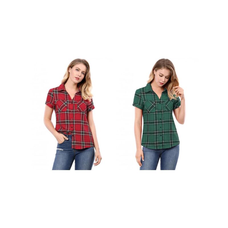 アレグラ ケー レディース トップス シャツ コットン ALLEGRA K 2 Packs Women's Cotton Boyfriend Button Front Short Sleeves Plaid Shirts Red Green レッド 15,360円