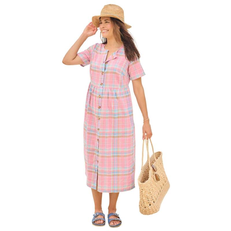 ウーマン ウィズイン レディース トップス ワンピース プラスサイズ 半袖 Woman Within Plusize Short-Sleeve Seersucker Dress Delicate Pink Pretty ピンク