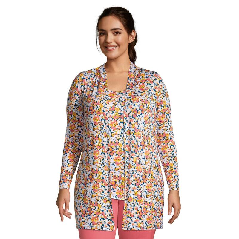 ランズエンド レディース アウター ニット・セーター プラスサイズ カーディガン Plusize Lands' End Lightweight Long Cardigan Sweater Teal Multi Floral ティール|ReVida 店