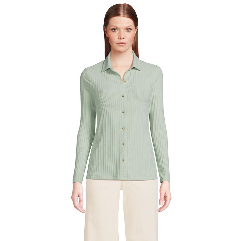 ランズ挙げ句の果て レディース トップス プルオーバー スポーツシャツ 肋筋 長袖 Women\u0027s Lands\u0027 End Long-Sleeve Ribbed Button-Front Polo Top Aqua Surf アクア