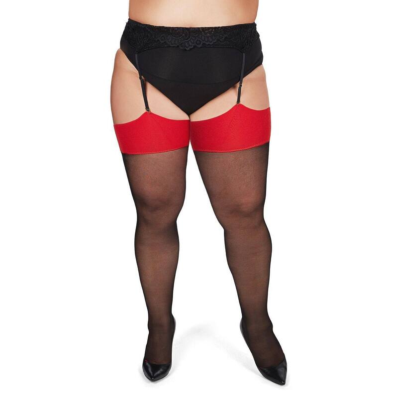 メモイ レディース アンダーお召しもの ソックス 足し加える大きさ 踵 MeMoi Back Seam/Cuban Heel Plusize Curvy Thigh Stocking Black Red 黒いこと