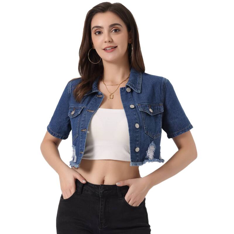 アレグラ ケー レディース アウター 上衣・上衣 ジーンズ ALLEGRA K Casual Crop Jackets For Women\u0027s Collared Short Sleeve Frayed Jean Denim Jacket Blue 青み