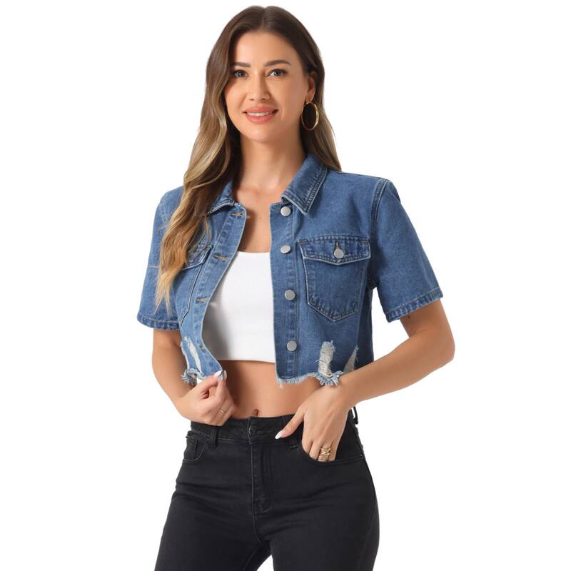アレグラ ケー レディース アウター 上衣・上衣 ジーンズ ALLEGRA K Casual Crop Jackets For Women\u0027s Collared Short Sleeve Frayed Jean Denim Jacket Sky Blue 青み