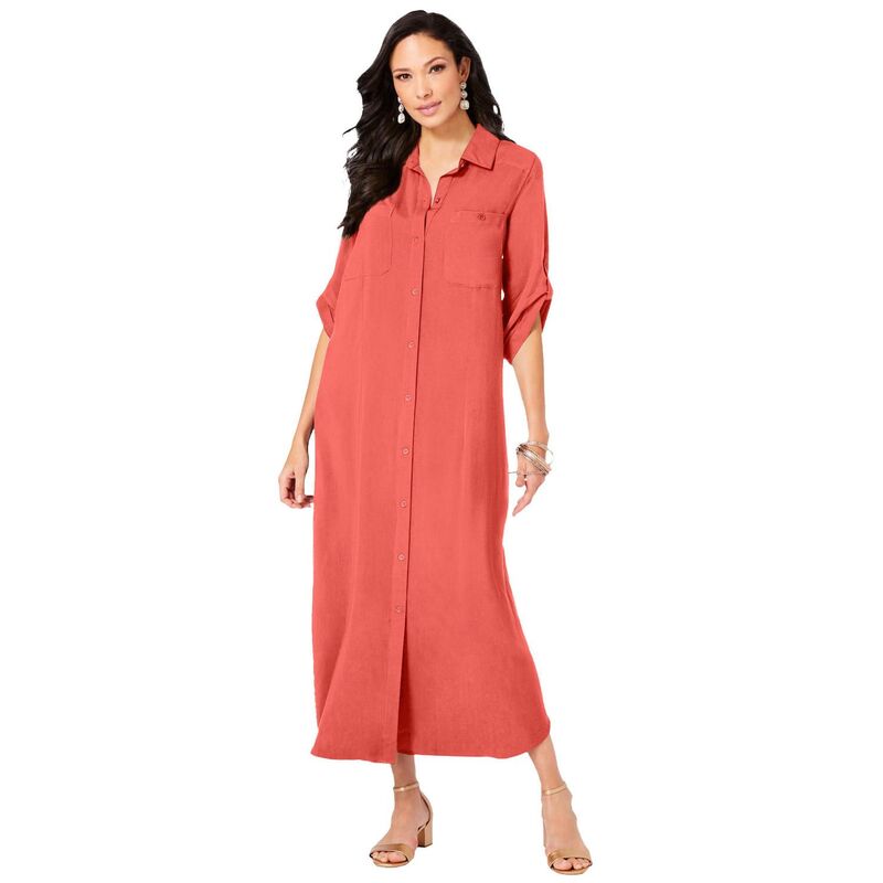 ロアマンズ レディース トップス ワンピース プラスサイズ Roaman's Women's Plusize Collared Button Front Dressunset Coral コーラル