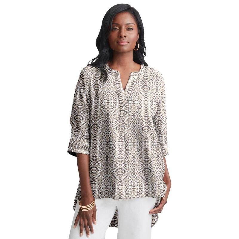 ジェシカロンドン レディース トップス Tシャツ プラスサイズ リネン Jessica London Women Plusize Hi-Low Linen Tunic Neutral Geometric Ikat