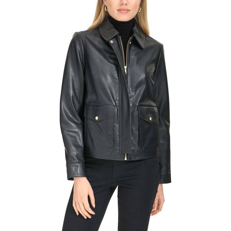 コールハーン レディース アウター ジャケット・ブルゾン レザー Cole Haan Women's Lambskin Trucker Leather Jacket Black ブラック