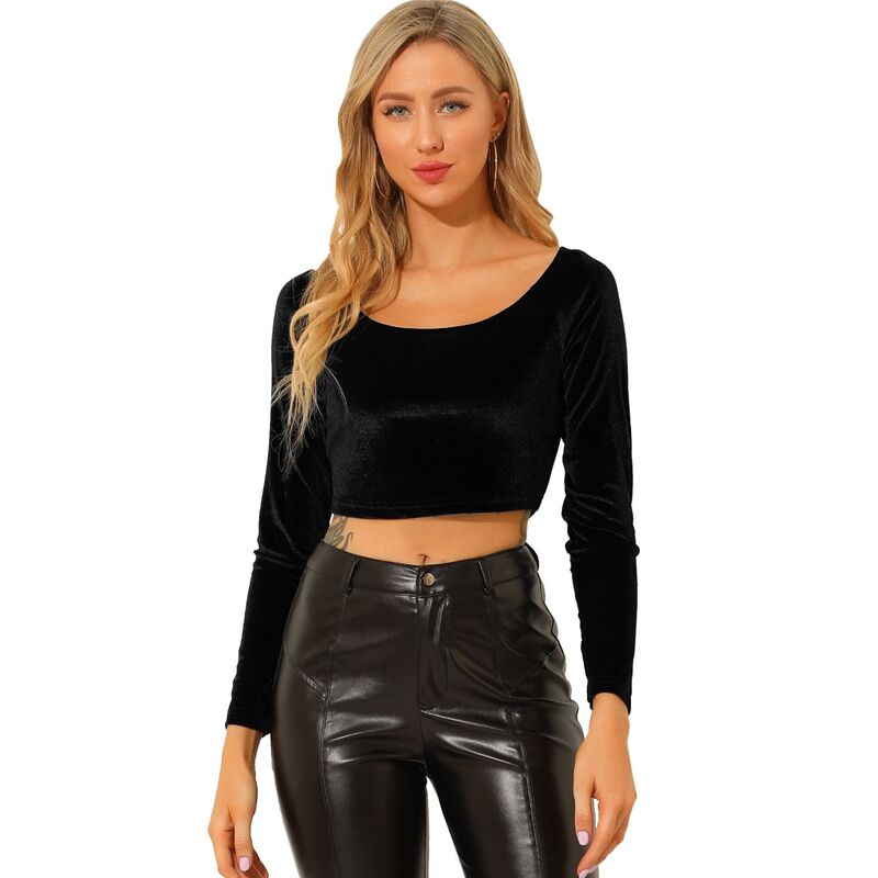 アレグラ ケー レディース トップス シャツ ベルベット ALLEGRA K Women's Velvet Long Sleeve Off Shoulder Solid Crop Top Black ブラック