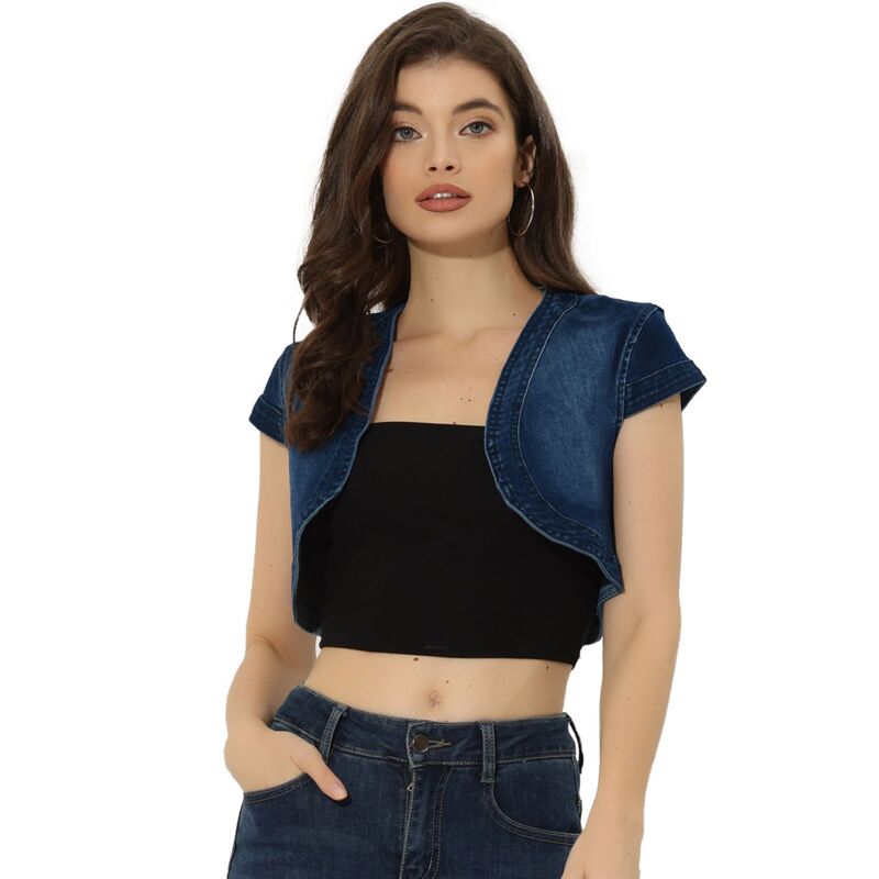 アレグラ ケー レディース アウター ジャケット・ブルゾン カーディガン デニム キャップ ALLEGRA K Women's Casual Crop Shrug Cardigan Fit Cap Sleeve Denim Jacket Dark Blue ブルー｜ReVida 店